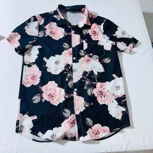 Men's Rose Flower Colorblock Print Short Sleeve Shirt